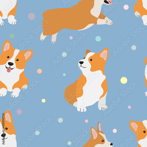 Cute dog in cartoon style. Seamless pattern with  welsh corgi. Vector illustration for print, wrapping paper,  greeting cards, decor, posters, fabric.