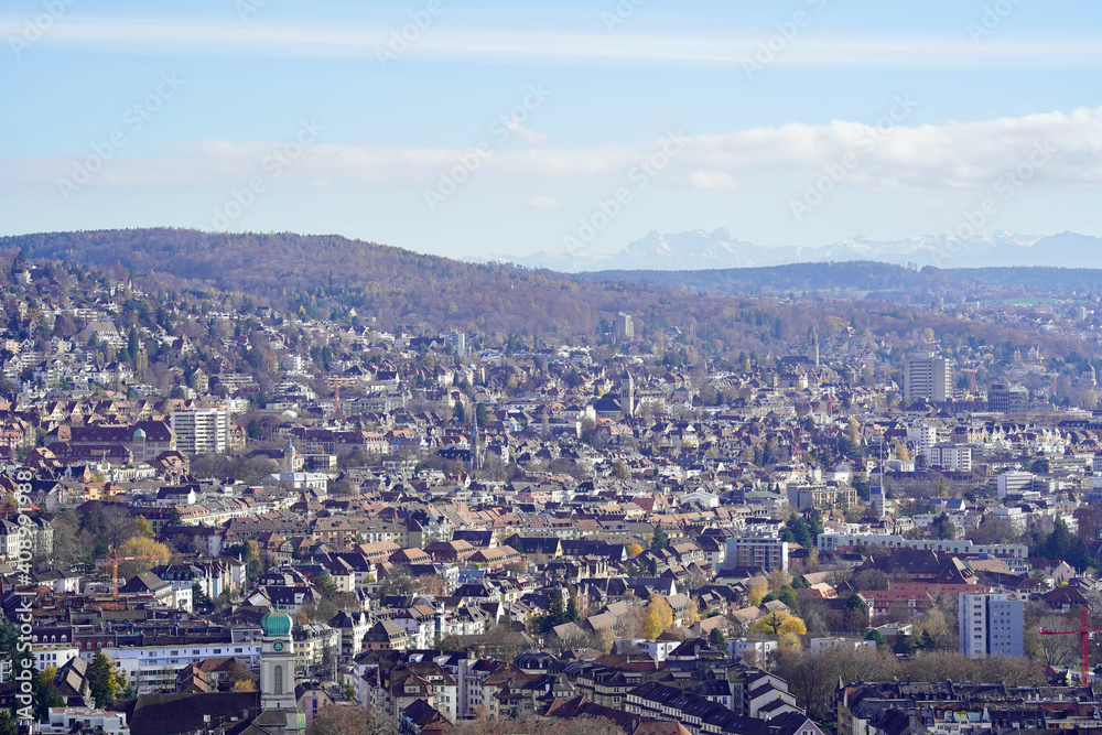 View of the city of Zurich, Switzerland, from the top of the hill.