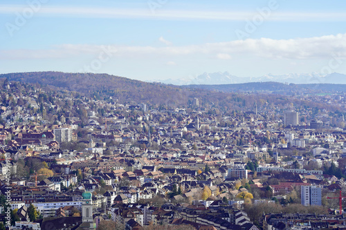 View of the city of Zurich, Switzerland, from the top of the hill.