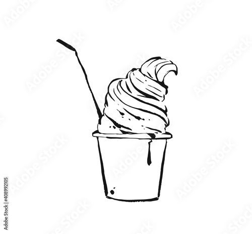 Hand drawn vector abstract ink drawing graphic sketch illustration icon with ice cream in takeaway plastic cup isolated on white background photo