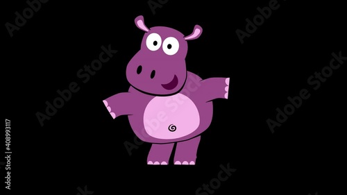 cute cartoon hippo dancing. Alpha channel, cycle