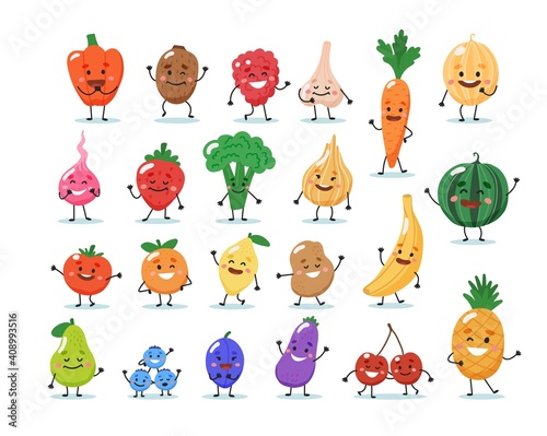 Fruits and vegetables characters. illustration