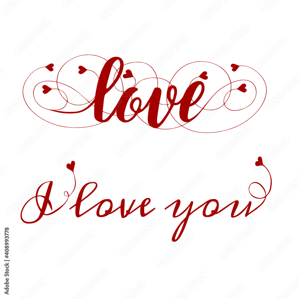 red words I love you and love decorated with hearts.