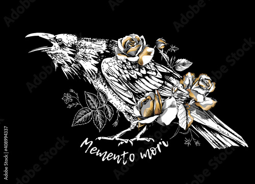 Sketch of a Crow with a gold rose flowers, buds and leaves. Memento mori - lettering quote. T-shirt composition, Hand drawn style print. Vector illustration.