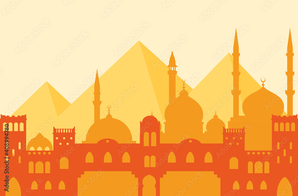 Egypt. Silhouette of Cairo, Arab architecture, mosques and the great pyramids of Giza.