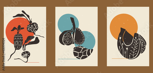 Vintage illustrations of vegetables. Set of three posters for menu design, restaurant decor, grocery stores, social media. Minimalistic backgrounds with circles, radish, garlic, pumpkin, patterns.