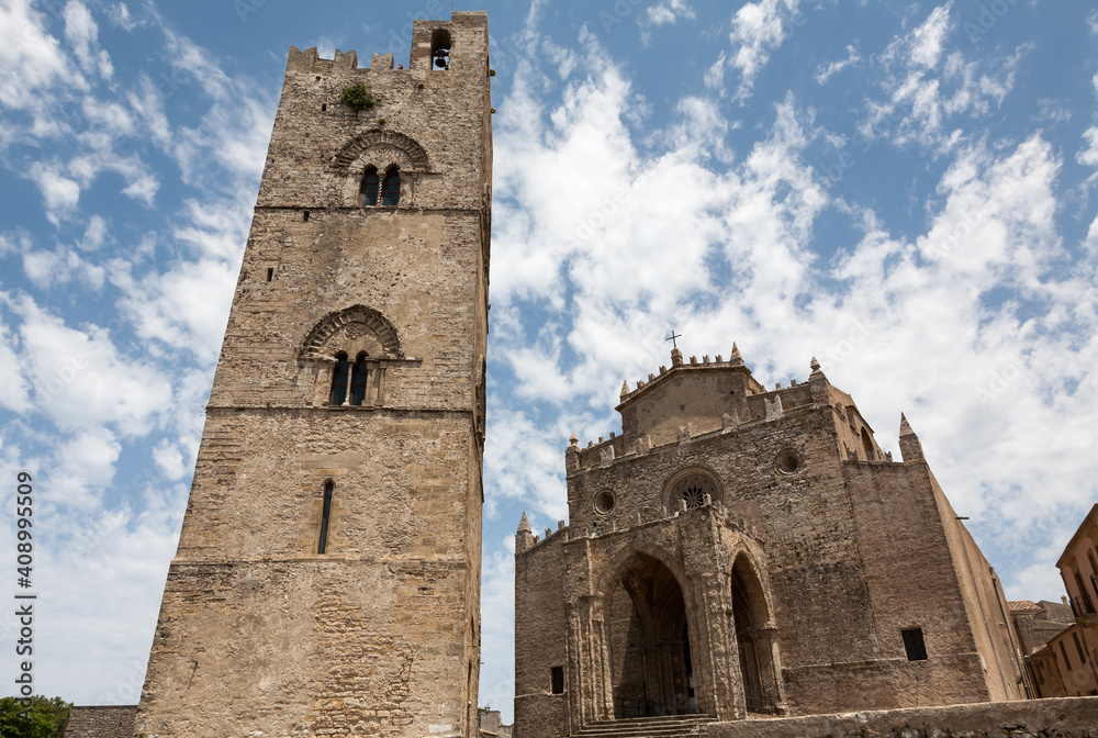 Erice cathedral Duomo dell'Assunta with its separate bell tower, Erice, Sicily, Italy