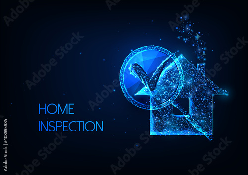 Futuristic Home inspection.concept with glowing low polygonal residential house and magnifying glass