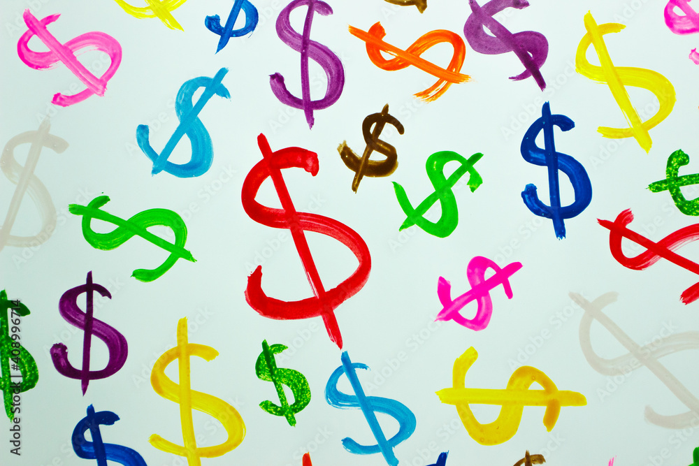 Pattern from colored symbols of dollar, background from watercolor paints Pattern from colored symbols of dollar, background from watercolor paints
