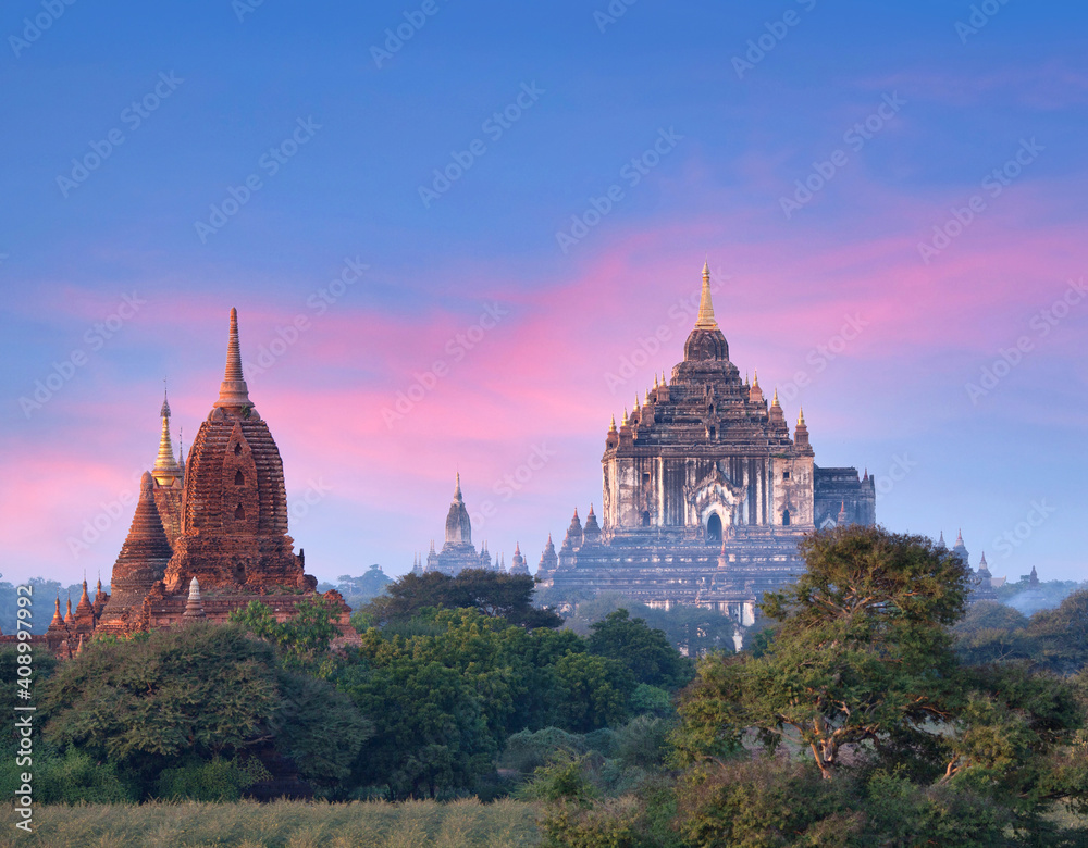 Panoramic view of ancient Thatbyinnyu temple and buddhist pagodas in Bagan, Mandalay division, Myanmar