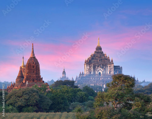 Panoramic view of ancient Thatbyinnyu temple and buddhist pagodas in Bagan, Mandalay division, Myanmar