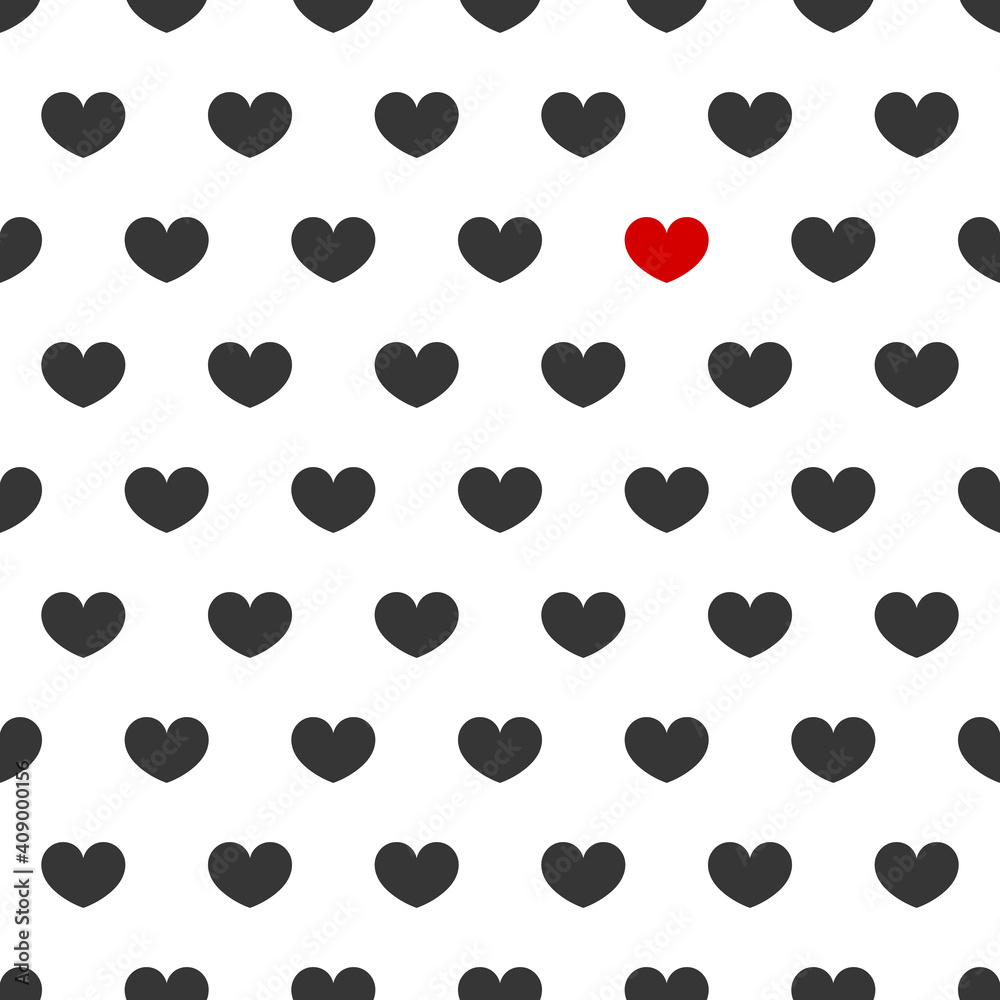 Black hearts and one red heart seamless pattern. Black hearts and one red heart seamless pattern.