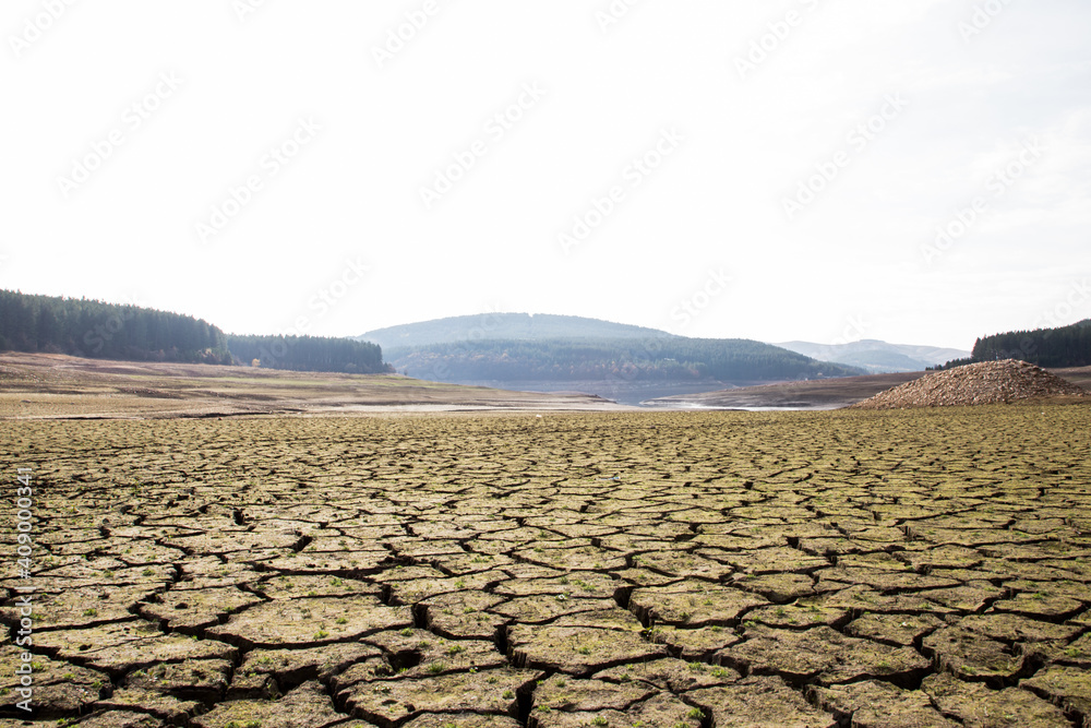 The drought bottom of the an empty dam in Bulgaria. Hot weather and climate changes makes the dam almost empty in 2021. Climate disaster.