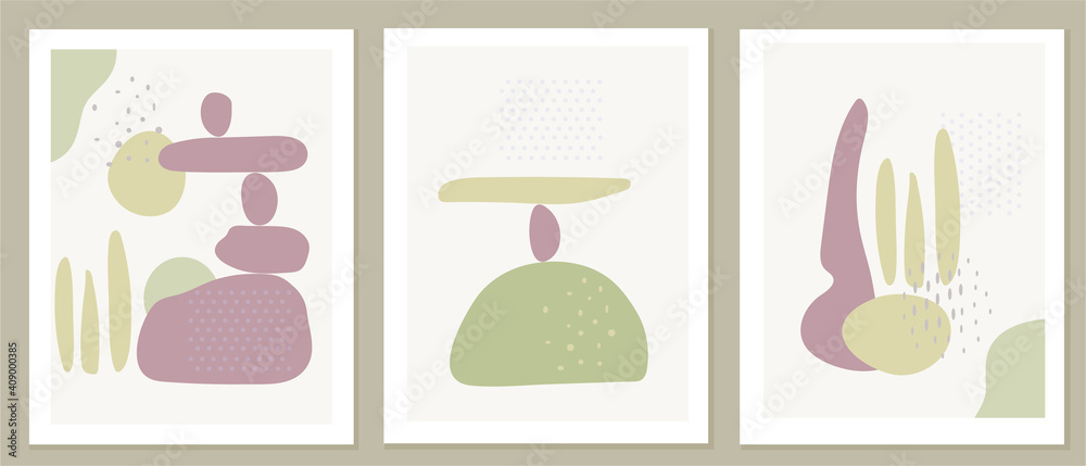 Set of stylish vector templates in pastel colors. Posters with natural abstract shapes. The concept of balance, harmony and ecology. T-shirt print, postcard, invitation, packaging and branding design