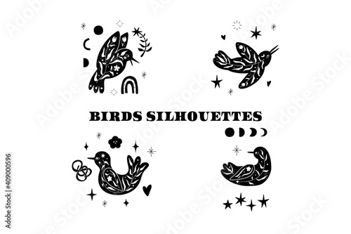 FLoral black bird silhouette. Vector scandinvian design