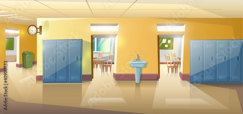 Vector cartoon style school hallway with open doors of classes with study tables and chairs. 