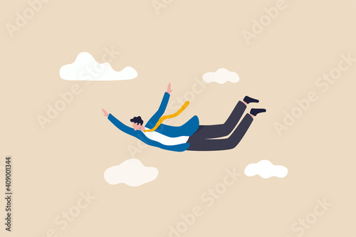 Overcome difficulty, courage and bravery business, risk taking and dare to achieve target concept, ambitious fearless businessman jumping skydiving free fall in the sky with motivation to success.