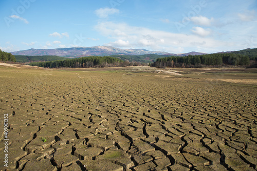 The drought bottom of the an empty dam in Bulgaria. Hot weather and climate changes makes the dam almost empty in 2021. Climate disaster.