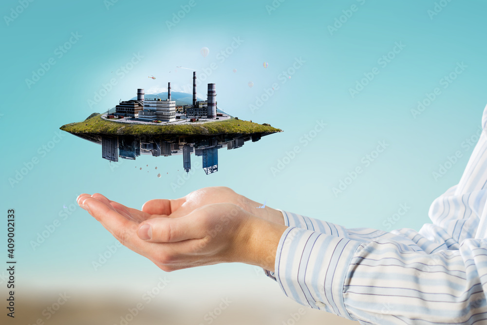 Industrial landscape with chimneys floating