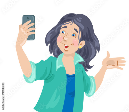 Cute smiling girl makes selfie on smartphone. Young woman is a blogger. In cartoon style. Isolated on white background. Vector flat illustration