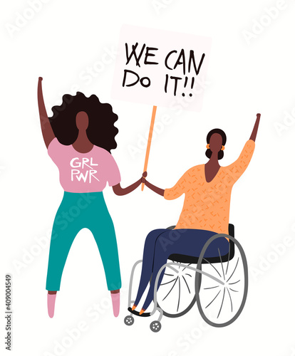 Beautiful black women holding a placard together. Hand drawn vector illustration, isolated on white. Flat style design. Concept for feminism, gender equality, inclusivity. Female cartoon characters.