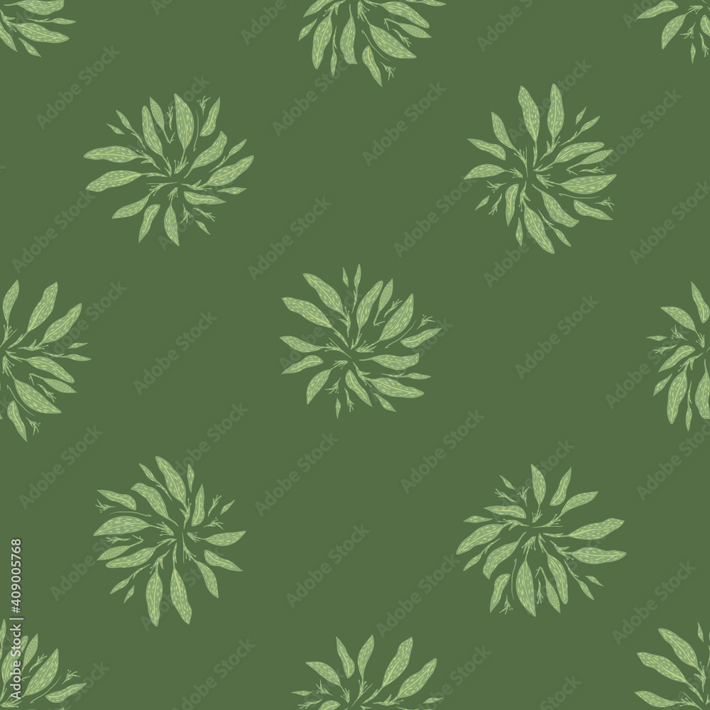 Hand drawn seamless forest pattern with leaves bouquet print. Green olive background. Simple design.