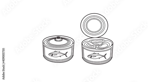 Vector Illustration. Black and White Isolated Closed and Open Tuna Cans 