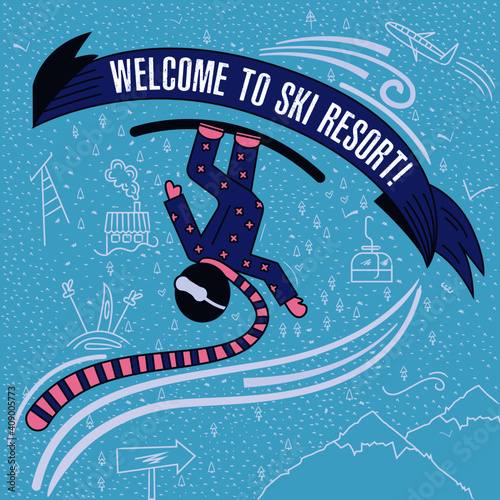 jumping snowboarder in motion. Vector illustration of a ski resort. Welcome banner template. Winter season closing. Sport background