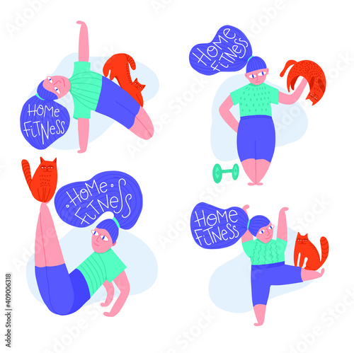 Vector illustration: playing sports at home. The girl is engaged in training with the cat. Home fitness concept. Cover for social networks, packaging, t-shirts. photo