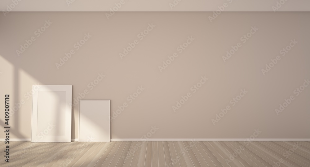 3d rendering of interior. Beige wall, light wood floor with blank picture frames placed on the floor and sunlight shining in the room.