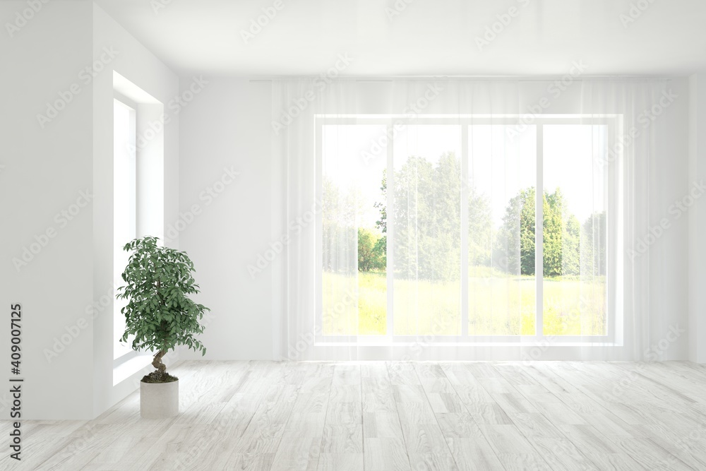 Stylish empty room in white color with summer landscape in window. Scandinavian interior design. 3D illustration Stylish empty room in white color with summer landscape in window. Scandinavian interior design. 3D illustration