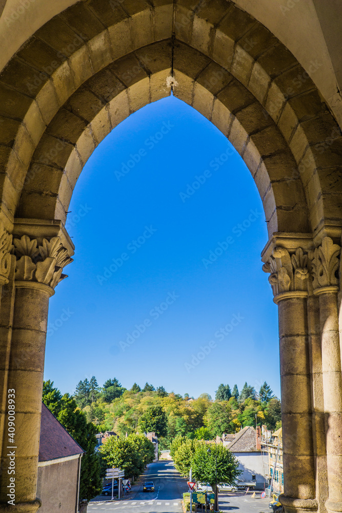 View from Notre Dame church, the neogothic church on the main street  of Herisson, a small village in Auvergne, France