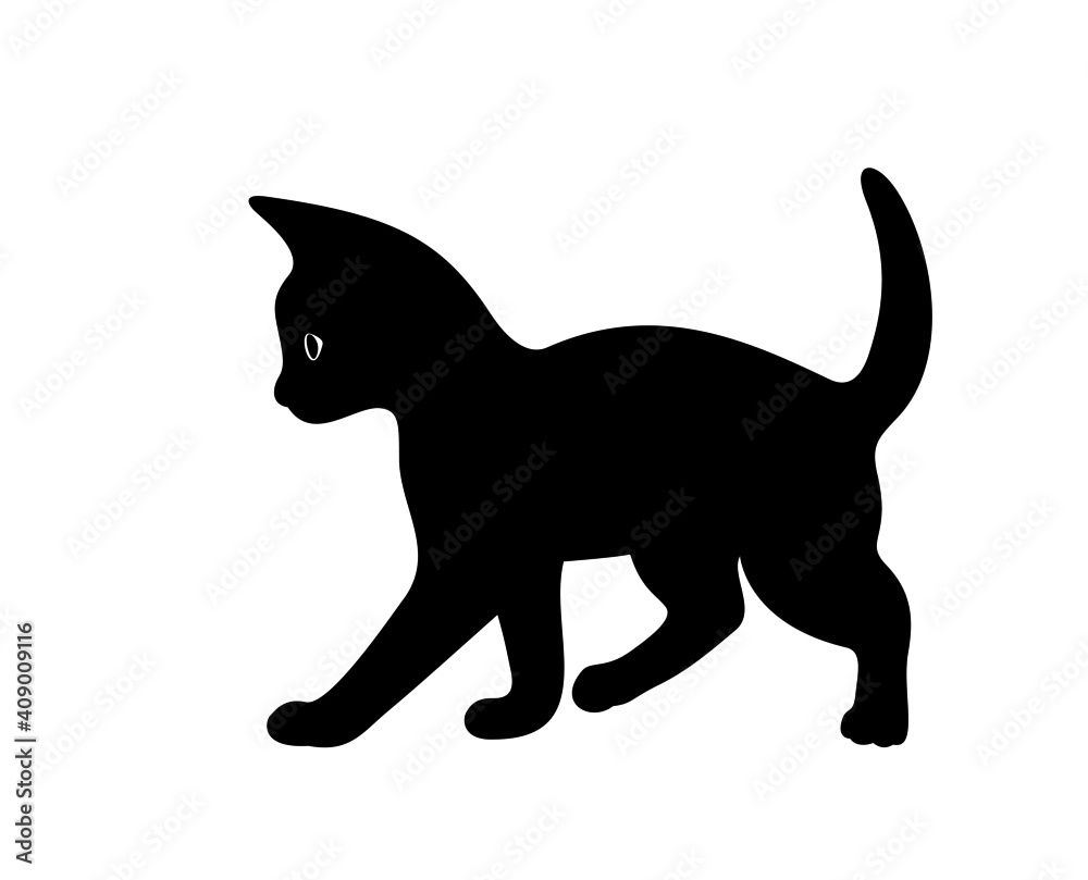 Little kitten walking. Vector black silhouette of a cat isolated on white background. The symbol of Halloween. Can be used as a sticker template, logo element, icon for web design. Flat style.
