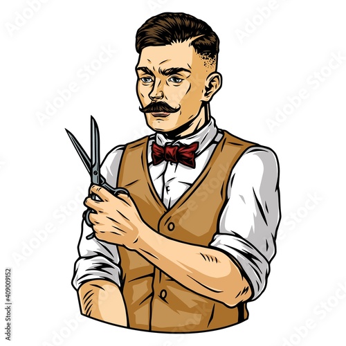 Stylish mustached barber with trendy hairstyle