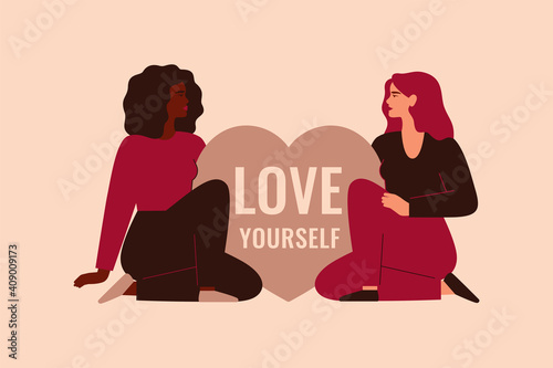 Two women sit near the big heart with the inscription "Love Yourself". Confident girls support each other. Body positive and self-acceptance concept. Vector illustration