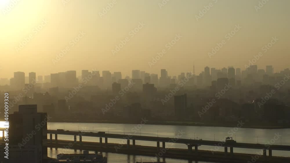 TOKYO, JAPAN : Aerial high angle sunset CITYSCAPE of TOKYO and Mount Fuji. View of buildings at central downtown area. Japanese urban metropolis concept. Wide time lapse zoom out shot dusk to night. TOKYO, JAPAN : Aerial high angle sunset CITYSCAPE of TOKYO and Mount Fuji. View of buildings at central downtown area. Japanese urban metropolis concept. Wide time lapse zoom out shot dusk to night.
