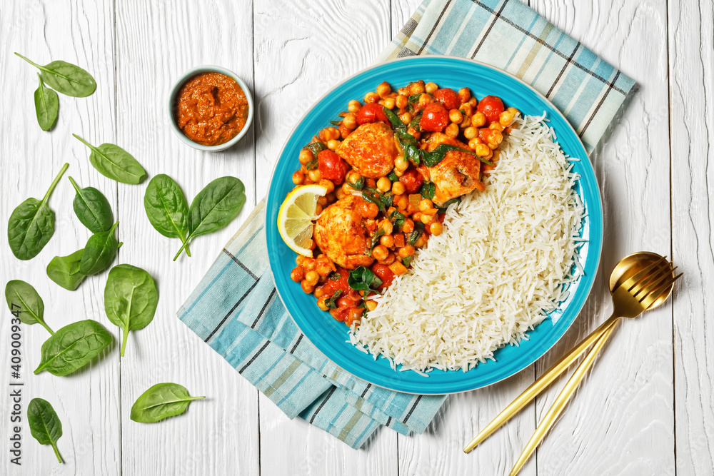 Chicken and chickpea curry with rice, top view