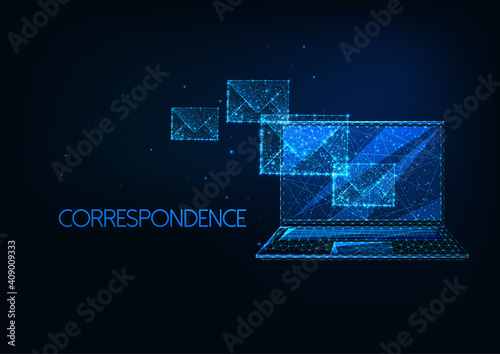 Futuristic email sending, correspondense concept with glowing low polygonal laptop and envelopes