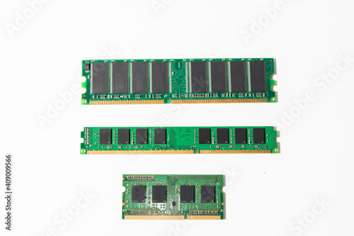 Different models of computer RAM memories on white background.
