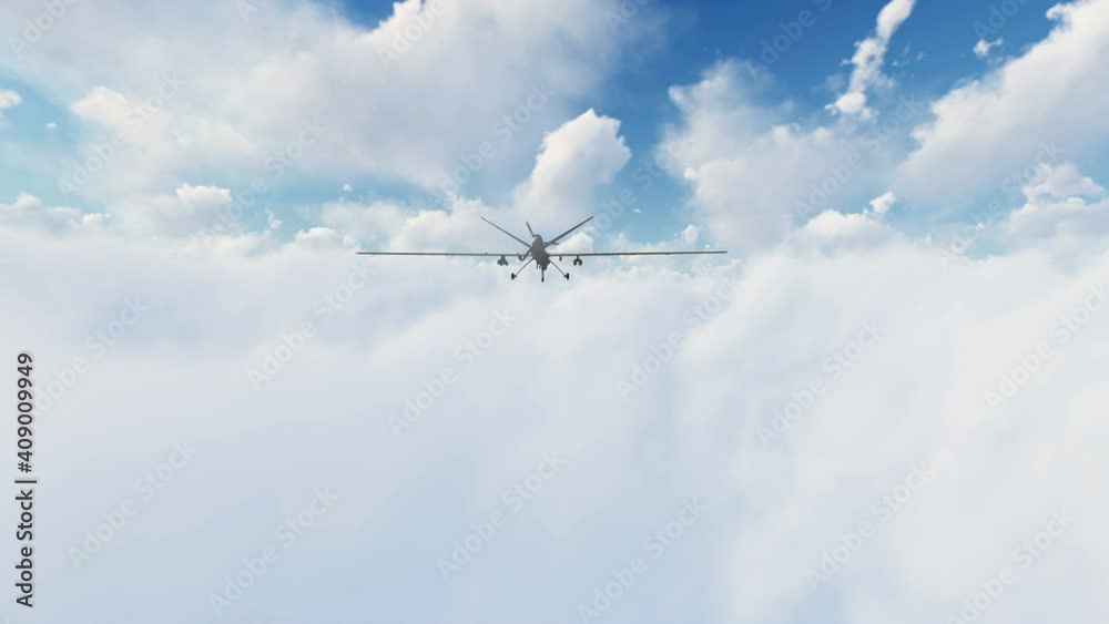 Military drone flying trough clouds
