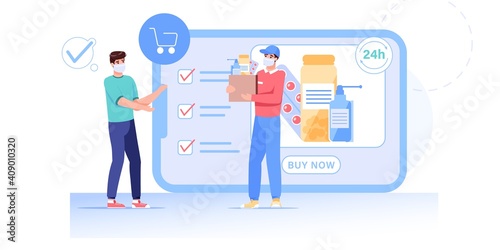Vector cartoon flat character receive online medicine buys.Medical delivery service,courier gives order medications to patient in face mask at mobile app screen-covid treatment,telemedicine concept
