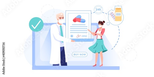 Vector cartoon flat patient,doctor characters.Physician character gives antiviral medications to sick person from computer screen app-covid treatment,web online medical therapy,telemedicine concept