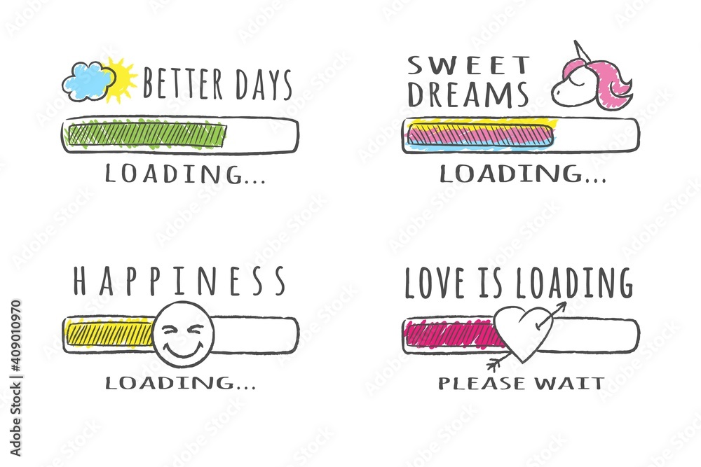 Fotografie Set of sketchy progress bars with different inscriptions