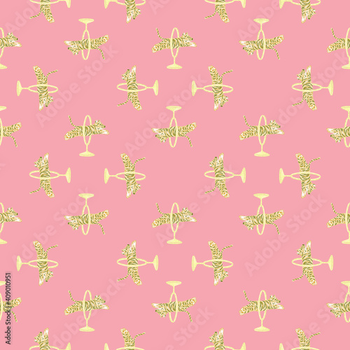 Geometric seamless pattern with yellow tiger doodle silhouettes. Pink pastel background.