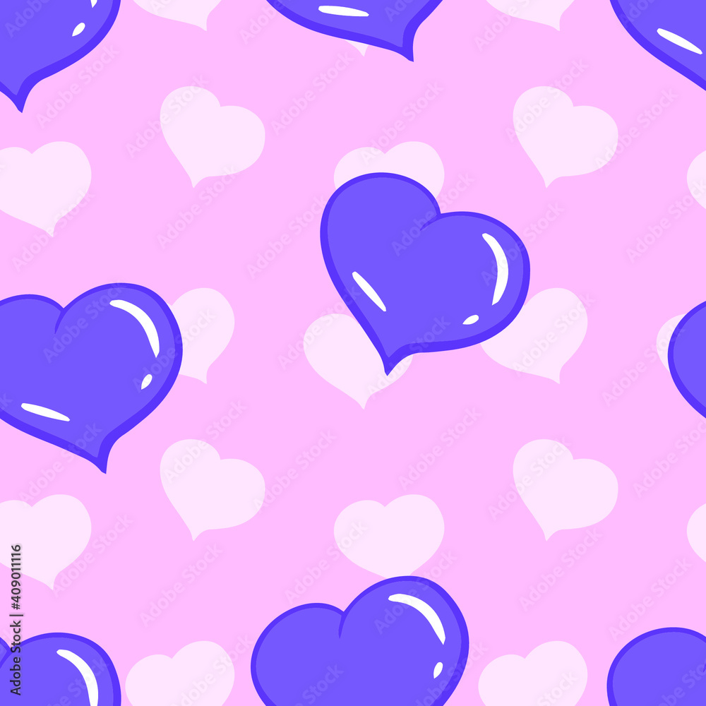 Pink, lilac hearts seamless pattern. Pastel hearts on a white background. A symbol of love and romance. Pattern for valentine's day, birthday, invitation, card, lovers, holidays.