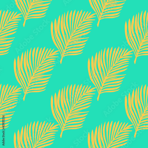 Bright creative seamless pattern with hand drawn yellow fern leaf silhouettes. Blue background.