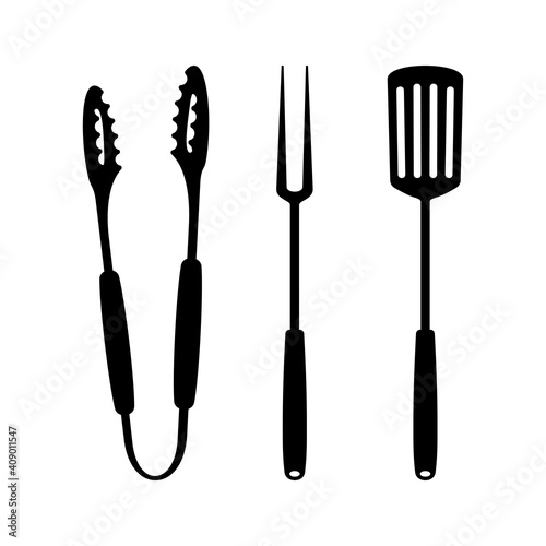 Set of Monochrome signs of BBQ equipment. Elements for vintage logo or emblem design isolated on white background. Grill tools vector illustration