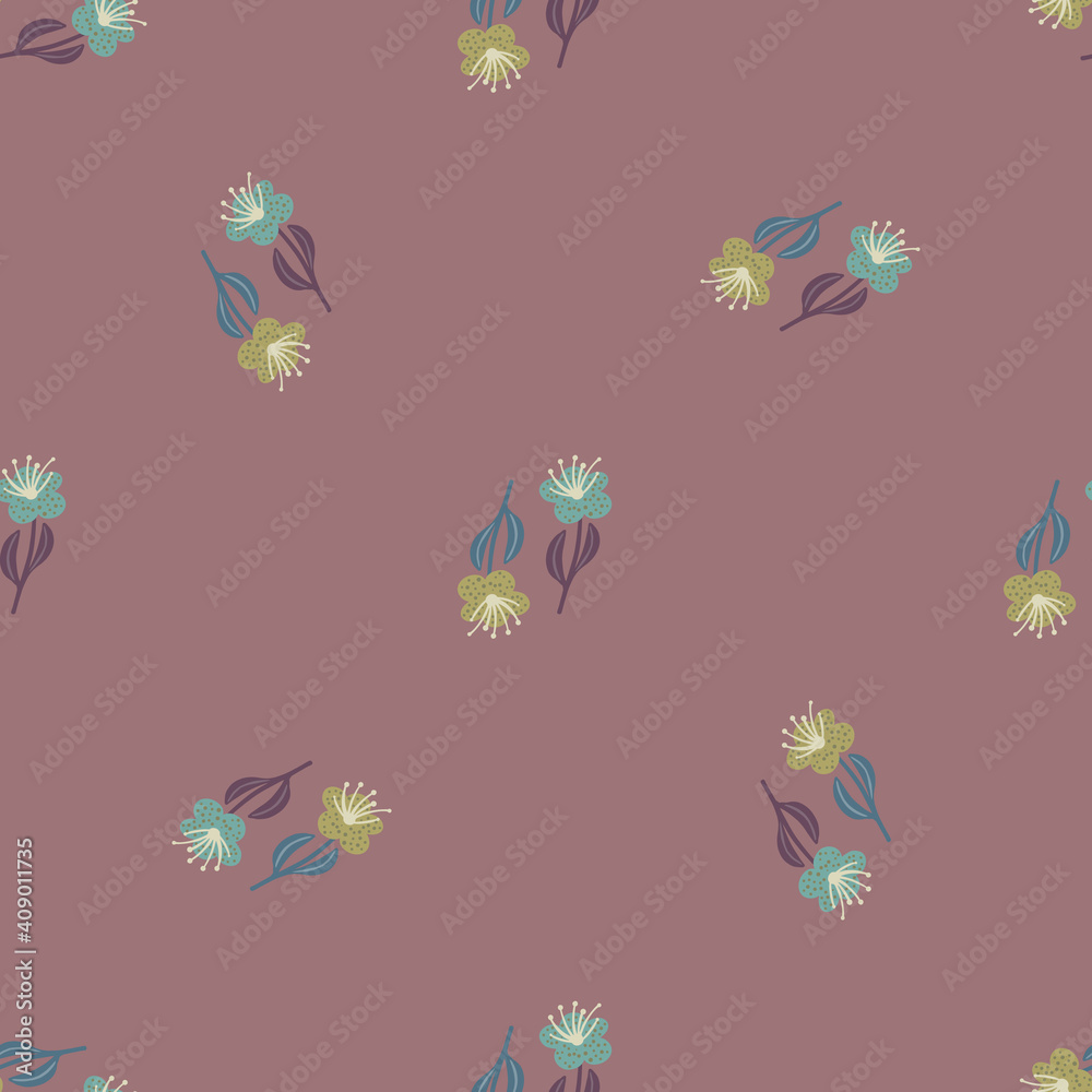 Minimalistic style pale seamless pattern with hand drawn flower elements. Pale dark pink background.