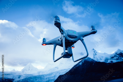 Fototapeta Naklejka Na Ścianę i Meble -  Flying drone taking picture of glacier lagoon in Tibet,China