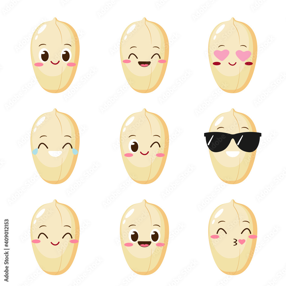 Cute happy cartoon peanut character set Cute happy cartoon peanut character set